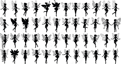 Set of fairy silhouettes with wings including magical pixie characters, flying forest spirits, and enchanting garden creatures in black vector.