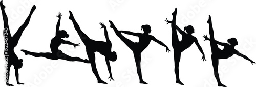 Black silhouettes of female gymnasts performing various flexible poses including handstands splits and rhythmic dance movements on a white background