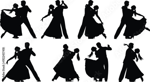 Black, silhouettes, of, female, gymnasts, performing, flexible, poses, including, handstands, splits, and, rhythmic, dance, movements, on, a, white, background