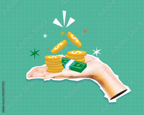 Trendy pop art collage Hand Holding Cash and Coins With Dollar Symbols, Wealth Savings and Financial Growth Concept