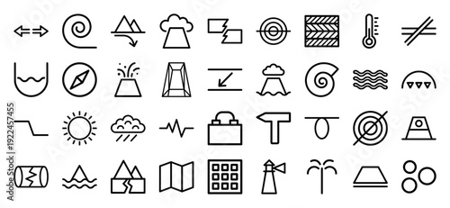 Geology and natural disaster pictograms for science infographics. Minimalist black line icons featuring seismic activity, tectonic plates, and atmospheric weather phenomena.