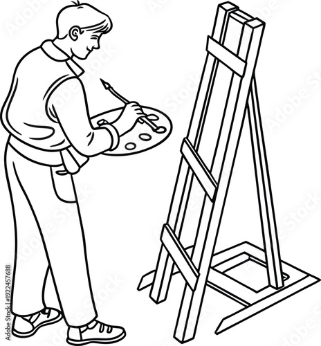Male artist painting on an easel vector illustration