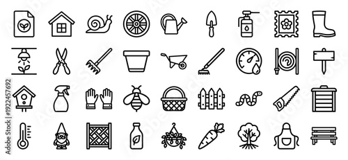 Sustainable gardening and organic farming line icons. Technical monoline pictograms for landscaping, horticulture, and homegrown agriculture projects.