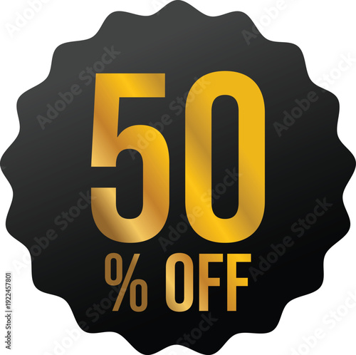 A striking black and gold badge showcasing a fifty percent discount offer