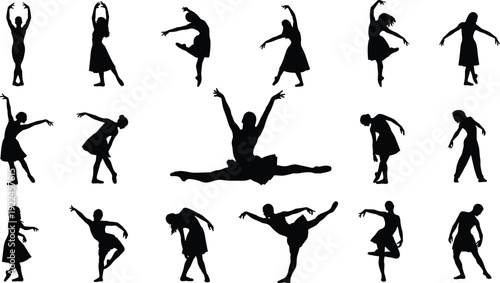 Contemporary dancer silhouette set of women, modern dance collection in expressive poses, artistic movement performance and graceful feminine figure set