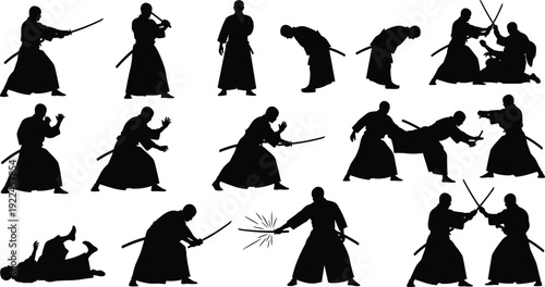 Set of Japanese martial arts vector silhouettes featuring samurai warriors in kendo poses, sword fighting, bowing, and traditional combat stances.