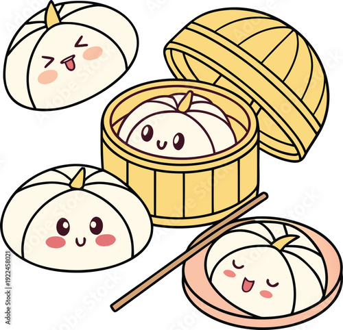 Kawaii steamed bun vector illustration set. Includes four cute cartoon buns with various facial expressions, one bun in a bamboo steamer, and one bun on a plate with chopsticks.