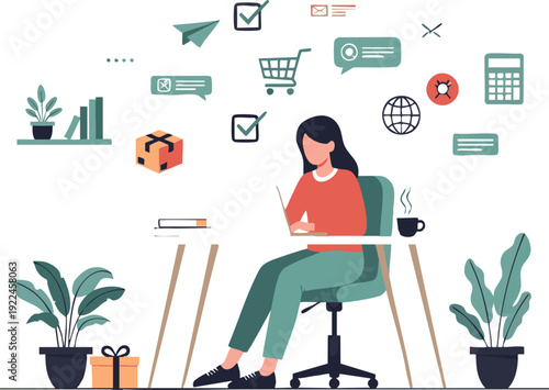 Freelance Woman Working on Laptop at Home Office - Modern Flat Illustration of E-commerce, Digital Marketing, and Remote Work Concept