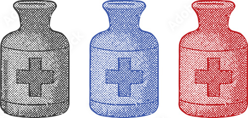 halftone medicine bottle icon isolated on white background, colorful vector illustration of pharmaceutical vial with medical cross and dot shading for pharmacy, healthcare, and treatment concepts.