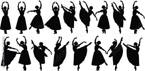 Elegant ballet dancer silhouettes collection, graceful female ballerina poses isolated on white background for dance art illustration design