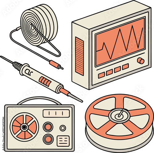 Electronic equipment outline icon collection. Includes oscilloscope, soldering iron, audio recorder, cable reel, and magnetic tape reel symbols. Created in outline style with beige and orange