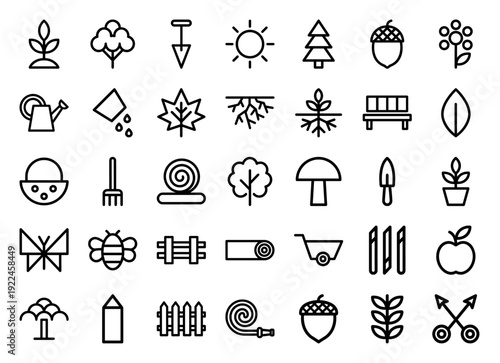 Gardening and landscaping monoline icons for outdoor maintenance services. Minimalist outline symbols featuring horticulture tools, plant growth, and organic farming concepts.