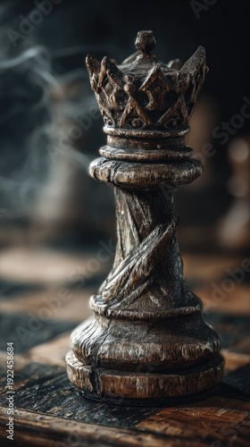 Antique Wooden Chess Queen Piece on Vintage Board with Ethereal Smoke and Cinematic Lighting