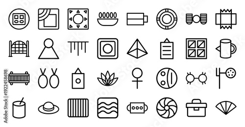 Abstract geometric monoline pictograms for architectural design and contemporary lifestyle branding. Minimalist black and white symbols featuring structural shapes and decorative elements.