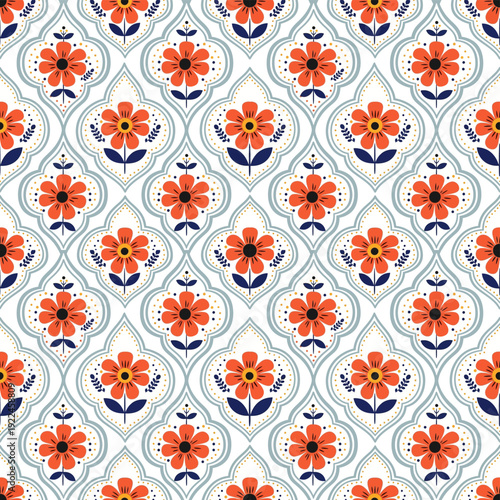Soft Orange Floral Medallion delicate orange flowers with navy accents in repeating medallion style on white