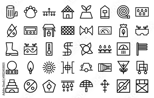 Smart agriculture and automated irrigation system monoline icons. Technical outline symbols for sustainable farming, water management, and greenhouse technology.