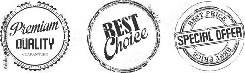 Three vintage-style badges showcasing premium quality, best choice, and special offer