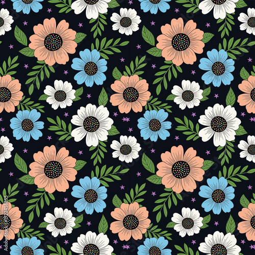 Multicolor Floral Mosaic mixed daisies, poppies, forget-me-nots in pink, blue, orange, white on black