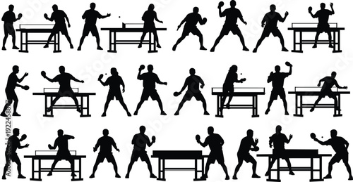 Set of table tennis vector silhouettes featuring ping pong players in action, rackets, balls, and gaming tables for sports designs.