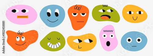 Colorful vector set of abstract face characters showing different emotions and facial expressions. Mood diversity and emotional intelligence concept for education, psychology and creative design proje