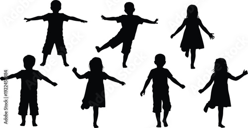 Set of vector silhouettes featuring happy children playing, jumping, balancing, and dancing in active poses for family and childhood designs.