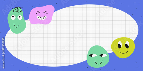 Cute vector social template with abstract face characters and empty cloud text frame. Bright playful design ideal for kids content, quotes, stickers, posters, school projects and social media graphics