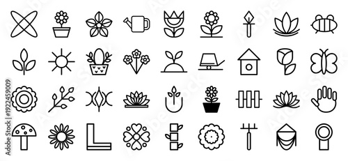 Garden and floral monoline icons for organic branding and landscaping infographics. Professional minimalist pictograms featuring botany, spring blossoms, and horticulture tools.