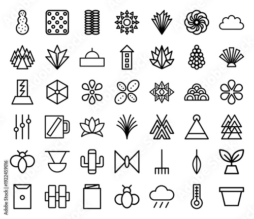 Abstract geometric nature and gardening monoline icons featuring botanical elements, weather symbols, and minimalist organic shapes for modern brand identity systems.