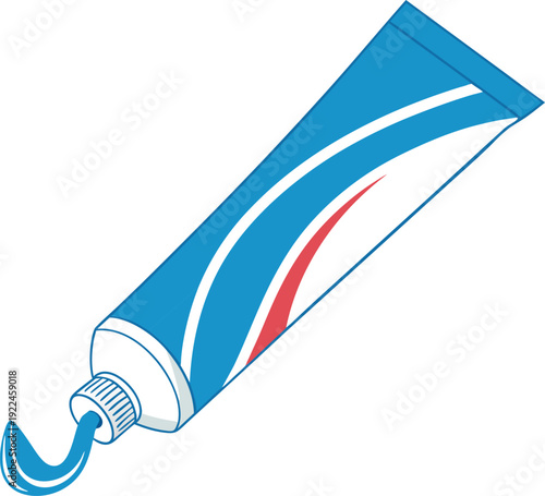 Blue and white toothpaste tube with red stripe and squeezed paste