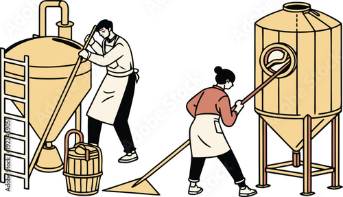 Brewery production process vector illustration with two workers operating large yellow brewing tanks and equipment