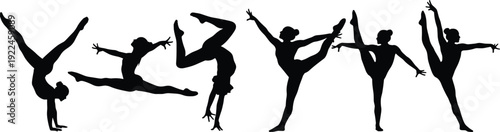 Gymnast silhouettes, dancer poses, acrobatic movement, ballet positions, athletic flexibility, balance strength, performing arts, fitness illustration, dynamic posture, graceful motion