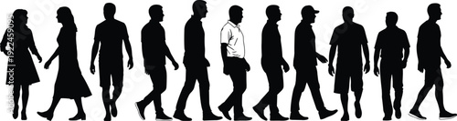Set of vector silhouettes featuring men and women walking in various casual poses, side views, and forward-facing strides for urban designs.