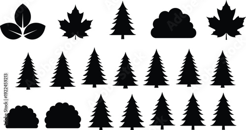 Set of vector silhouettes featuring various evergreen pine trees, maple leaves, deciduous foliage, and garden bush shapes for nature landscape designs.