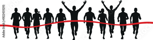 Marathon runners crossing finish line silhouette, group of athletes celebrating victory in race competition isolated on white background