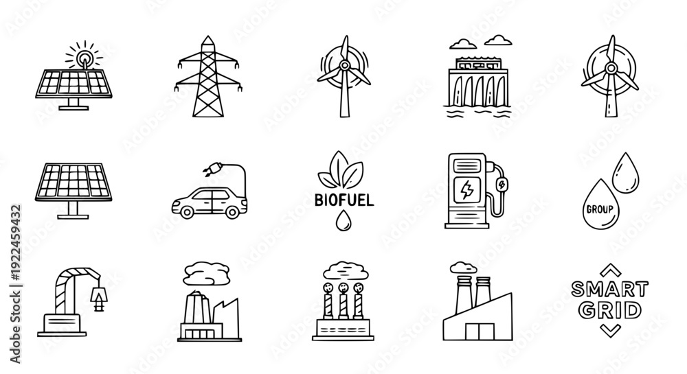 Fototapeta premium Renewable Power Technology Icons – Editable Stroke Vector Set