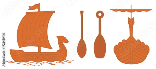Viking longship collection with side front view and wooden oars eps 10