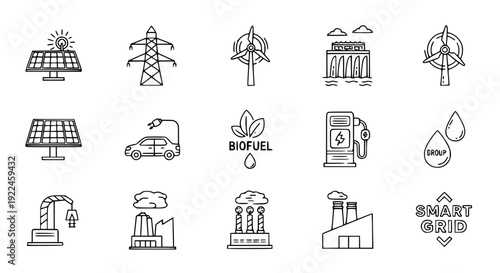 Renewable Power Technology Icons – Editable Stroke Vector Set
