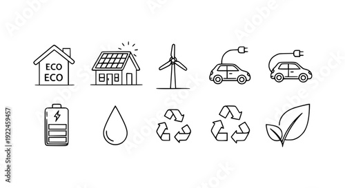 Clean Energy and Eco Lifestyle Icons – High-Quality Editable Stroke Vector Collection