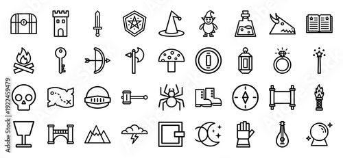 Fantasy adventure and roleplaying game elements featuring enchanted items and medieval equipment. Professional monoline icons with chunky geometric outlines for UI design.