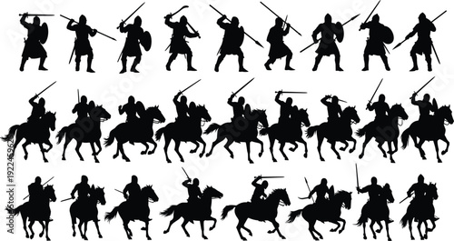 Medieval knight silhouette set of warriors on foot and horseback, ancient cavalry with swords and spears, historical middle ages combat