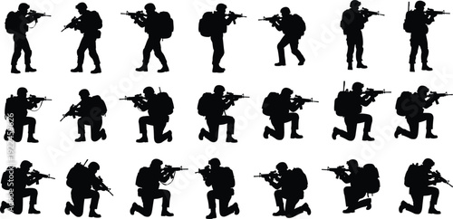 Military silhouettes of soldiers with rifles in various combat poses including saluting with army tank and armored vehicle on white