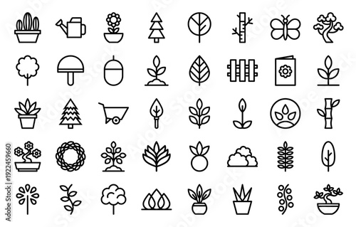 Botanical and gardening monoline icons for landscape design and horticulture branding. Minimalist technical line art featuring plants, trees, and cultivation tools.
