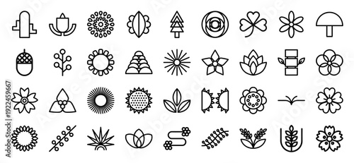 Botanical line art symbols and organic nature elements for sustainable branding. Minimalist monoline icons featuring flowers, leaves, and forest motifs.