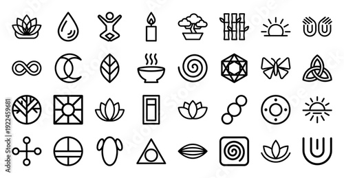 Mindfulness and holistic wellness line icons for spa branding and meditation apps. Minimalist monoline symbols featuring zen lotus, yoga, and nature elements.