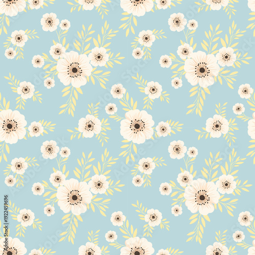 Soft Peach & Blue Daisy Meadow on White with Gentle Blooms and Subtle Green Stems