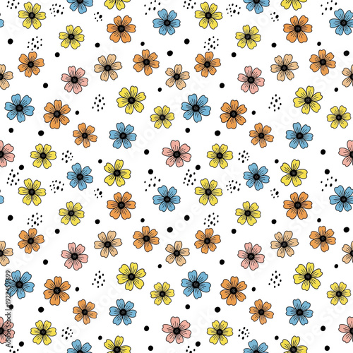 Whimsical Multicolor Daisy & Small Black Dot Scatter on Bright White Background