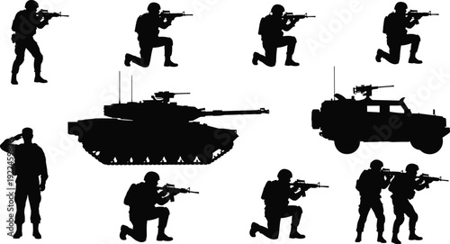 Military silhouettes of soldiers with rifles saluting army tank and armored vehicle isolated on white background for defense and war concepts