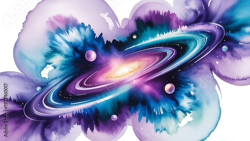 Watercolor galaxy with a swirling spiral and vibrant purple blue and teal cosmic clouds