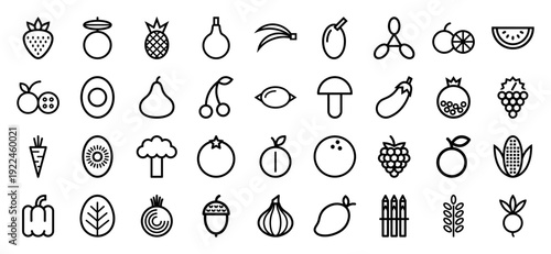 Organic food and healthy lifestyle monoline pictograms. Minimalist geometric line art featuring fresh fruits, vegetables, and botanical ingredients for grocery branding.