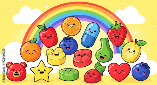 Cartoon Fruits and Sweets under Rainbow with Smiling Faces on Yellow Background